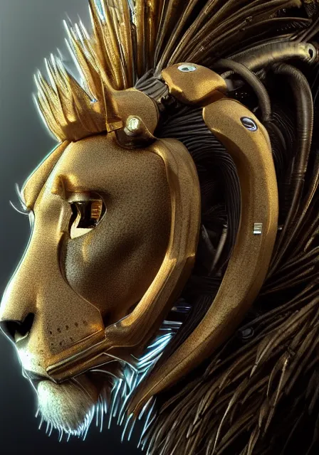 Prompt: complex 3 d render hyper detail portrait of a mechanical lion cyborg, sci fi, full body, intricate, art by kazuhiko nakamura and hajime sorayama, 8 k octane detailed render, post - processing, extremely hyperdetailed, intricate futuristic mechanic parts, maya, dark background, sharp focus, blender, cinematic lighting + masterpiece, trending on artstation