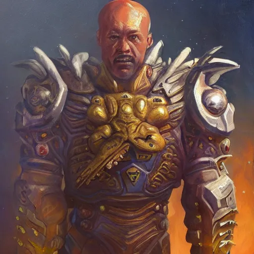 Prompt: full body portrait of a zerg overlord from star craft as the dictator of the los angeles lakers in full military garb, oil on canvas by william sidney mount, trending on artstation