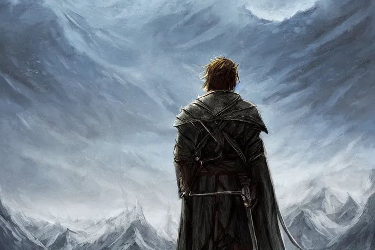 Image similar to concept art, mood painting, environment painting, gondor man holding white flower looking at flower large field autumn october snow capped mountains in background lord of the rings lotr. style of, ryan church, jon mccoy, george hull, painting