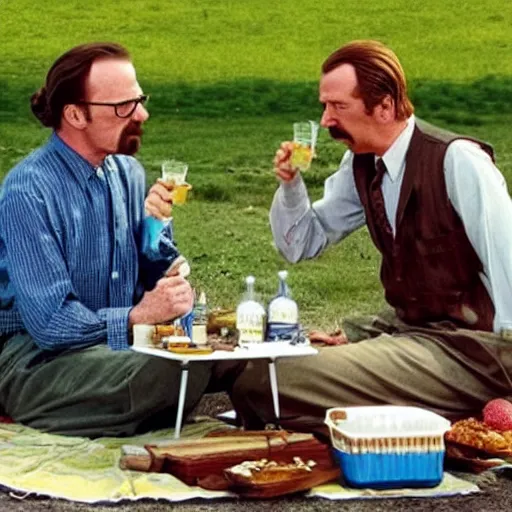 Prompt: walter white and saul goodman having a picnic date at the park, circa 1 9 4 6