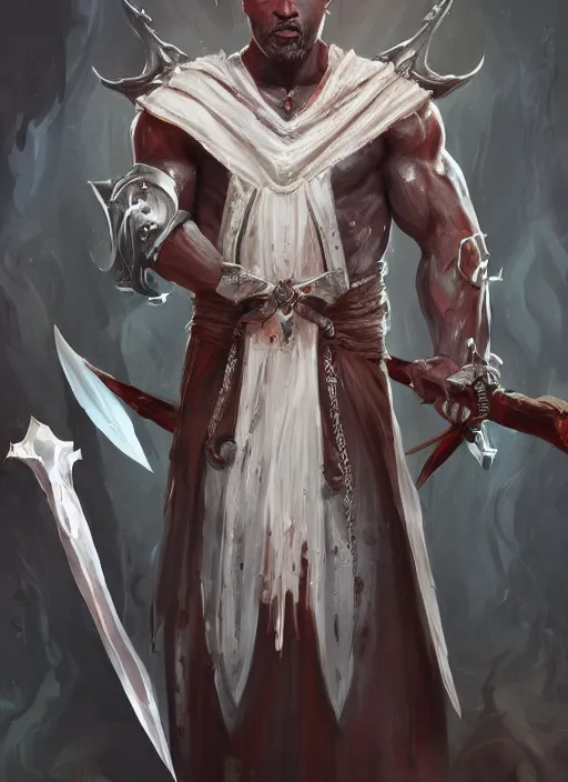 Image similar to a highly detailed illustration of sadistic white slick backed haired african warrior wearing priest robe with cross on chest, wielding blades made of blood, evil standing smiling pose, muscular, intricate, elegant, highly detailed, centered, digital painting, artstation, concept art, smooth, sharp focus, league of legends concept art, WLOP