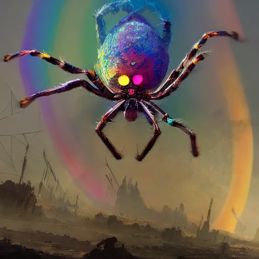 Image similar to spider on a rainbow colored web, 8 k octane beautifully detailed render, post - processing, extremely hyper - detailed, intricate, epic composition, cinematic lighting, masterpiece, trending on artstation, masterpiece, stunning art by anders zorn, wonderful masterpiece by greg rutkowski, beautiful cinematic,