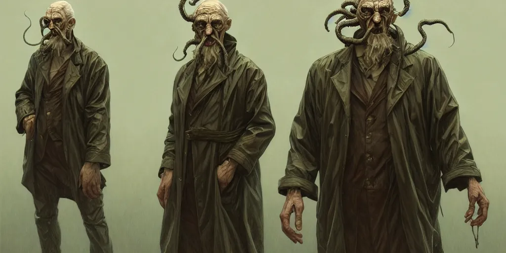 Image similar to ( ( ( ( lovecraftian innsmouth dweller ) ) ) ) dressed in raincoat, mutant fishman, old male, old sailor, masculine, upper body, highly detailed, digital painting, artstation, concept art, matte, sharp focus, illustration, art by artgerm and greg rutkowski and alphonse mucha