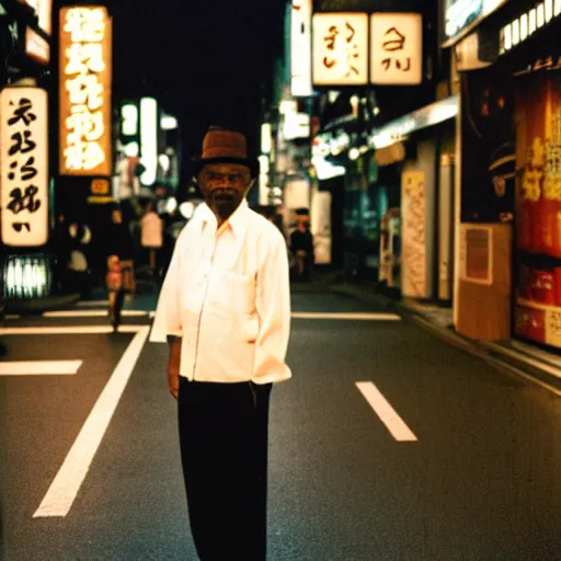 Image similar to old black man in tokyo at night, cinestill 8 0 0,