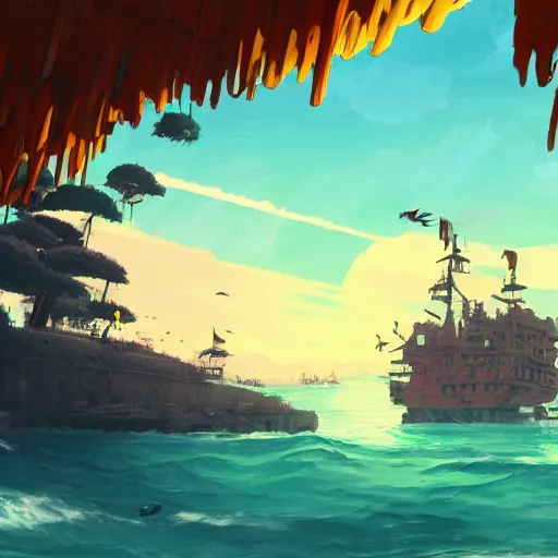 Prompt: Landscape of Pirates island and a pirate boat by Makoto Shinkai and James gilleard Eiichirō Oda