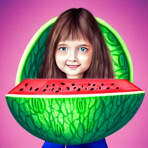 Prompt: Cute girl on the giant watermelon. She has cute face. She is smiling. Her eyes are big and blue. Watermelon is swimming in the blue ocean, digital art