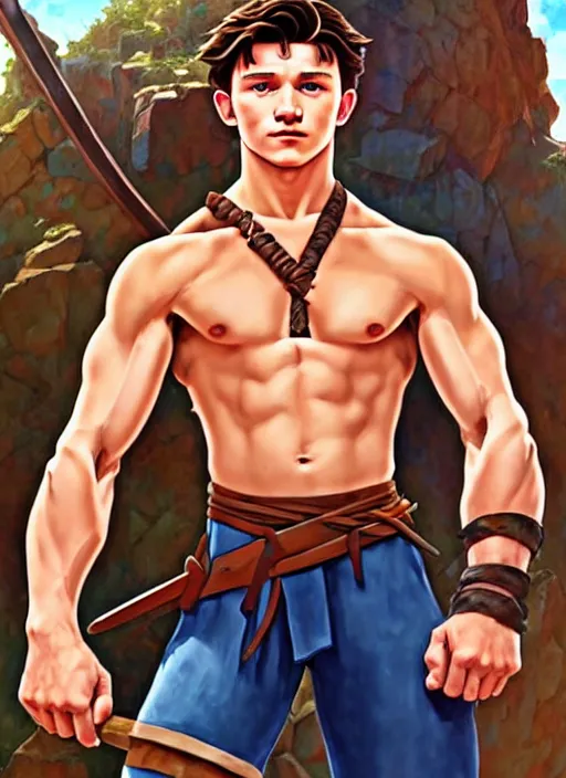 Prompt: cute muscular tom holland wearing barbarian tunic, natural lighting, path traced, highly detailed, high quality, digital painting, by don bluth and ross tran and studio ghibli and alphonse mucha, artgerm