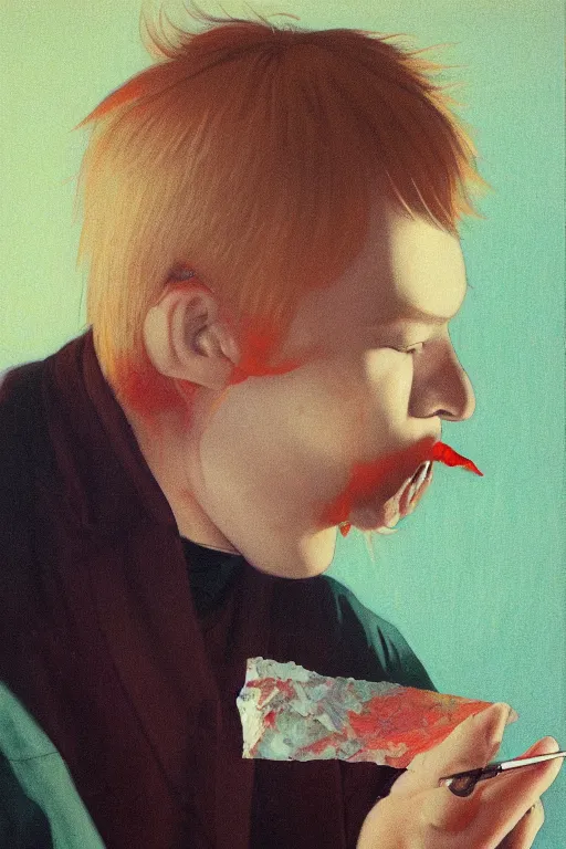 Image similar to a closeup portrait of a young icelandic man licking a blotter paper of LSD acid on his tongue and dreaming psychedelic hallucinations, by kawase hasui, moebius, Edward Hopper and James Gilleard, Zdzislaw Beksinski, Steven Outram colorful flat surreal design, hd, 8k, artstation