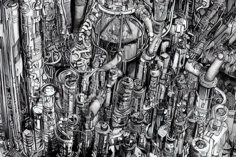 Image similar to an elaborate penned child illustration of an intricate connected city of tubes and pipes, by martin handford and by jan van haasteren and by simon bisley and by jack kirby