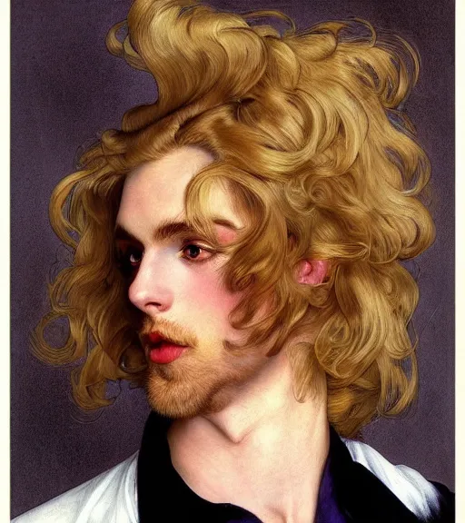 Prompt: clean cel shaded art of a pale androgynous blond young man, long fluffy curly blond hair, light platinum long blond hair, wearing black leather riding pants and a white poet shirt, Alexandre Cabanel, norman rockwell, peter paul rubens, maler collier, frank frazetta, alphonse mucha, gustav klimt 4k, unreal 5, DAZ, french noveau, trending on artstation, octane render, hyperrealistic