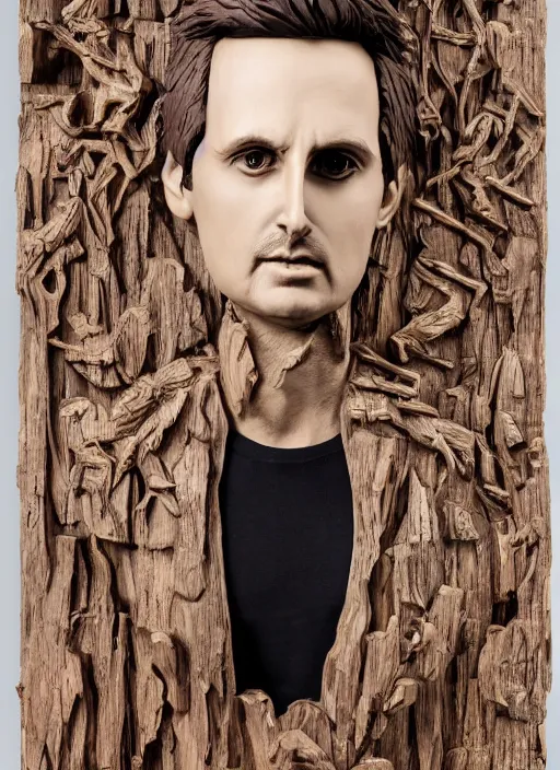 Image similar to sculpture of Matt Bellamy made of wood, portrait, female, future, wood, tree, harper's bazaar, vogue, magazine, insanely detailed and intricate, concept art, close up, ornate, luxury, elite, elegant, trending on artstation, by ruan jia, by Kenneth Willardt, by ross tran, by WLOP, by Andrei Riabovitchev,