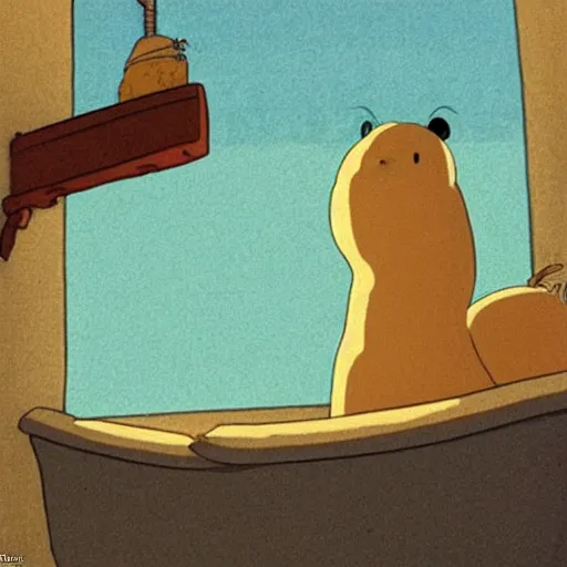 Image similar to capybara in the bathtub from the movie spirited away by hayao miyazaki, studio ghibli, animated movie, anime, beautiful animation, illustration