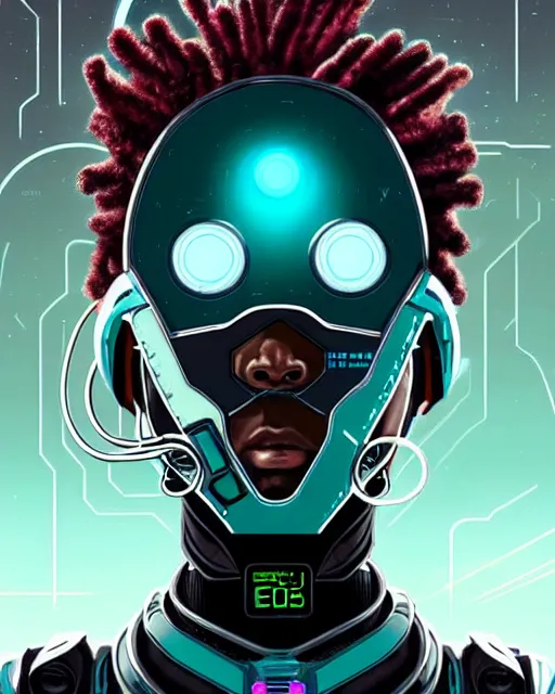 Image similar to sojourn from overwatch, african canadian, gray dread locks, teal silver red, teal cyber eyes, character portrait, portrait, close up, concept art, intricate details, highly detailed, vintage sci - fi poster, retro future, vintage sci - fi art, in the style of chris foss, rodger dean, moebius, michael whelan, and gustave dore