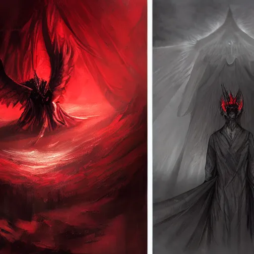 Prompt: super mad and with extrem anger lucifer in hell, oppressive and dark amotsphere with many shadows, blood and dark red highlights, dramatic horror concept art by aleksandra waliszewska and aoi ogata