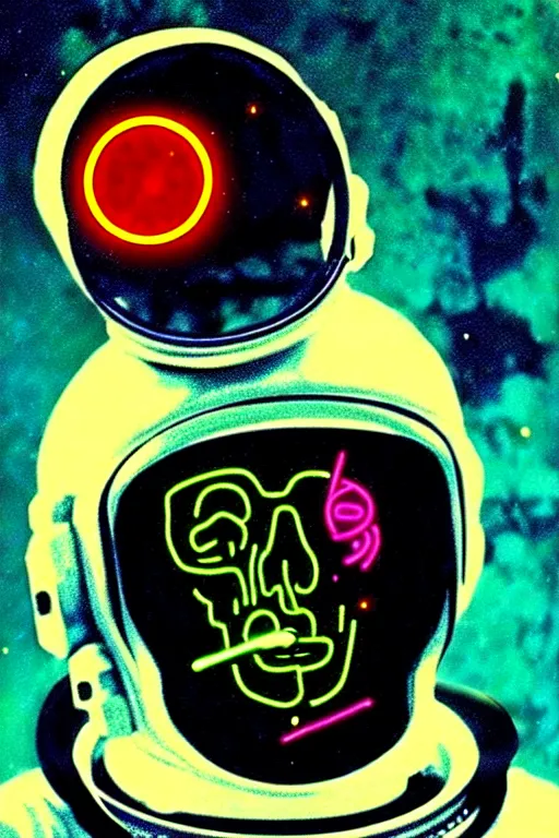 Image similar to astronaut with neon glowing skull 1 9 6 0 s color _ bleed _ video compression video glitch vhs footage akira kurosawa mamoru oshii wes anderson