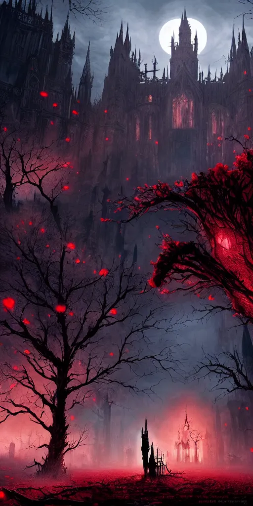 Image similar to abandoned bloodborne old valley with a person at the centre and a ruined gothic city at the end with a big castle, trees and stars in the background, falling red petals, epic red - orange moonlight, perfect lightning, wallpaper illustration by niko delort and kentaro miura, 4 k, ultra realistic