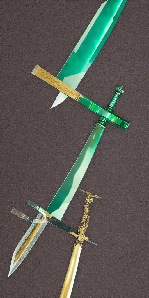 Image similar to photograph of a wide green and teal crystal double - edged sword blade attached to a big gold sword hilt