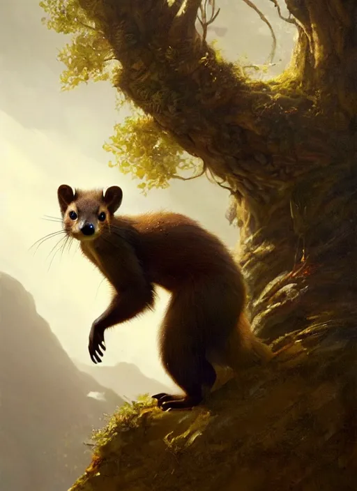 Prompt: a beautiful close - up shot from a fantasy film of a humanoid pine marten with bright golden eyes wearing a loose tunic. joseph ducreux, greg rutkowski.