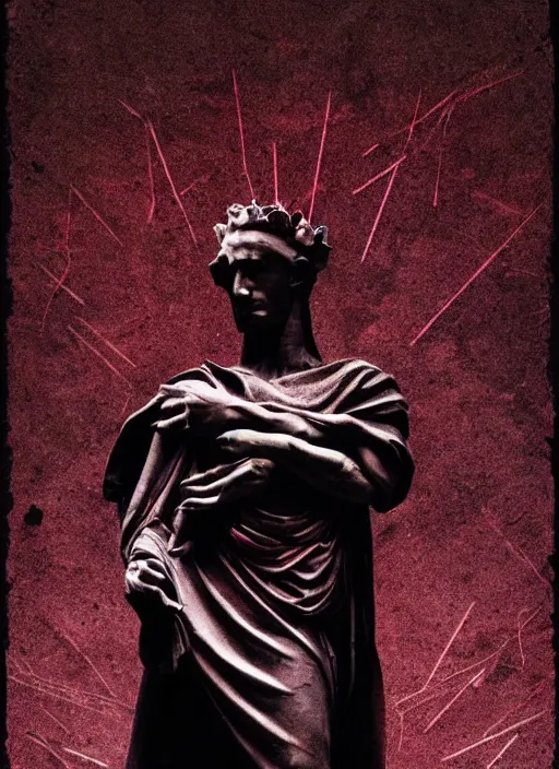 Image similar to elegant dark design poster showing a statue of julius caesar, black background with very subtle red and purple design elements, soft edges, powerful, nekro, vito acconci, thin straight purple lines, dark, glitch art, neo vaporwave, gritty, layout frame, square, trending on artstation