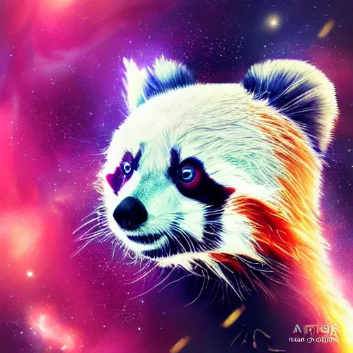 Image similar to geometric red panda with galaxy eyes in space, nebula in the background, intricate, elegant, highly detailed, digital painting, artstation, concept art, smooth, sharp focus, illustration, art by artgerm