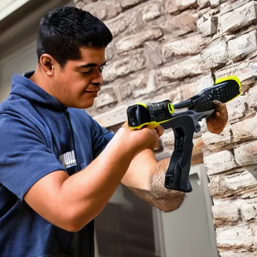 Prompt: young latino man using cordless power tool crossbow made by dewalt