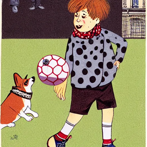 Image similar to book illustration of a french boy on the streets of paris playing football against a corgi, the dog is wearing a polka dot scarf, 1 9 6 6