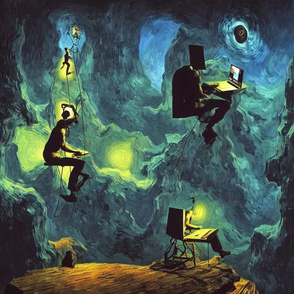 Image similar to A man programs A.I. on a laptop in a climbing gym - award-winning digital artwork by Salvador Dali, Beksiński, Van Gogh and Monet. Stunning lighting