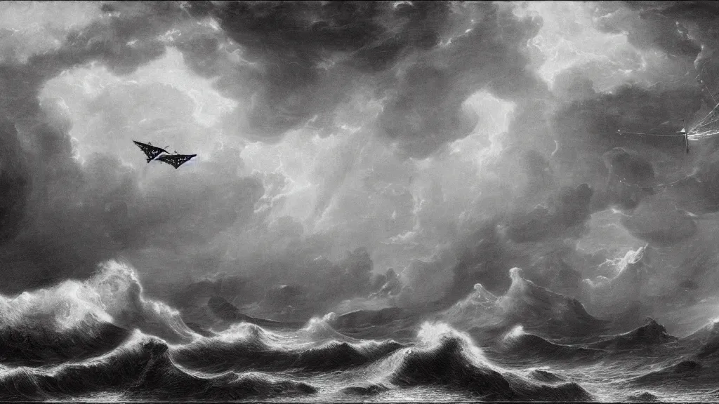 Prompt: drawing of an ornithopter flying above a stormy ocean, by gustave dore, nineteenth century, black and white, vintage, science fiction, epic composition, dramatic lighting, highly detailed, cinematic