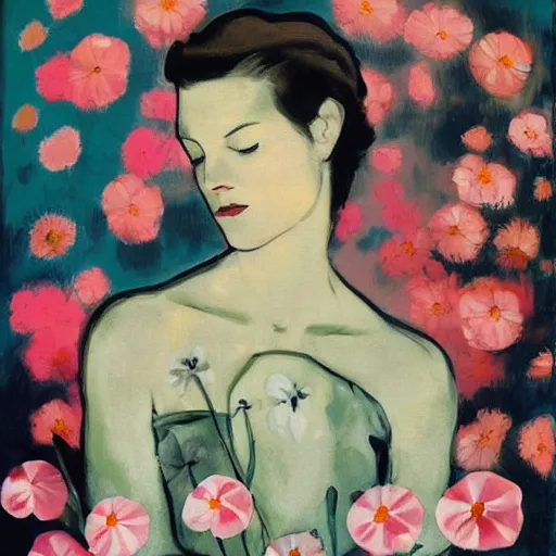 Prompt: incredible by gerda taro, by malcolm liepke. this illustration is a large canvas, covered in a wash of color. in the center is a cluster of flowers, their petals curling & twisting in on themselves. the effect is ethereal & dreamlike, & the overall effect is one of serenity & peace.