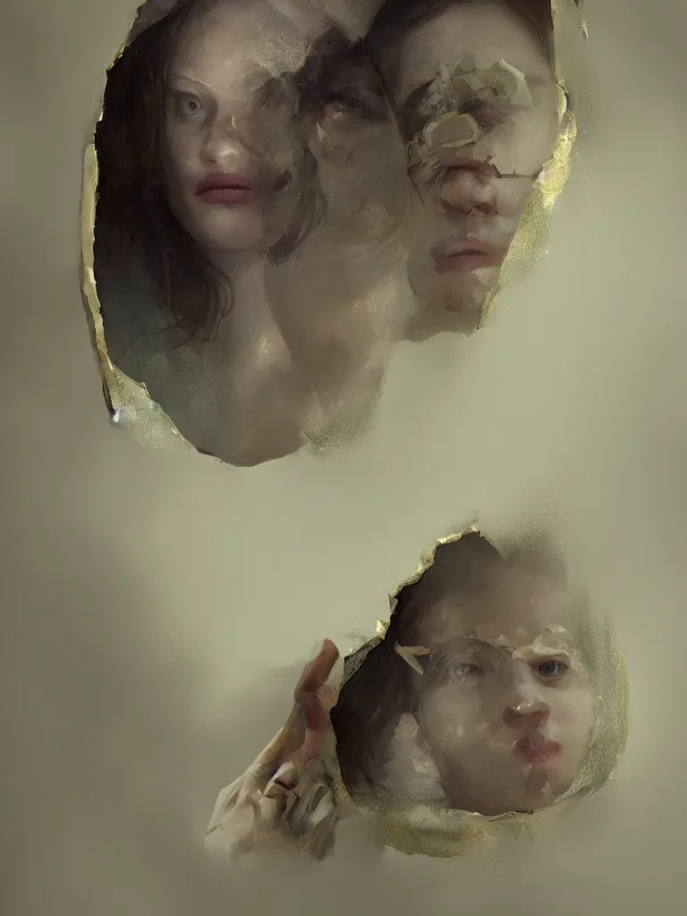 Prompt: i see myself in the broken mirror by disney concept artists, blunt borders, rule of thirds, golden ratio, godly light