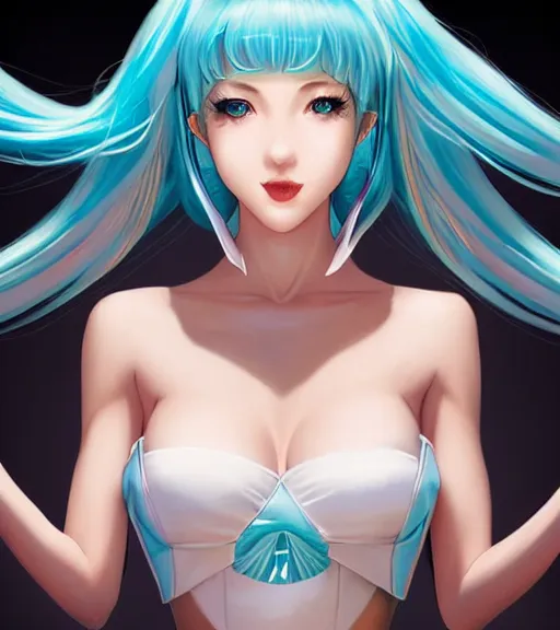 Prompt: Beautiful Hatsune miku by artgerm, magali villeneuve, Gil Elvgren, Earl Moran, Enoch Bolles, symmetrical shoulders, tempting eyes