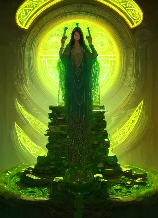 Prompt: portrait of the goddess of life, green glowing runes, overgrown altar, intricate, elegant, glowing lights, highly detailed, digital painting, artstation, concept art, smooth, sharp focus, illustration, art by wlop, mars ravelo and greg rutkowski