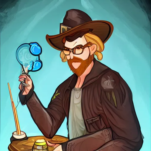 Image similar to man_mage Character art of a D&D wizard doing magic in his laboratory, with a blond beard and curly hair and a wide-brimmed straw hat, concept art, digital art