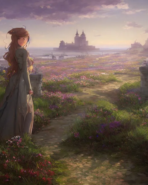 Prompt: over the shoulder landscape painting of violet evergarden, behind her is a distant old european city leiden from violet evergarden next to the reflecting ocean, ocean, sunshine, by Philipp A. Urlich and Pengzhen Zhang and Andreas Rocha and WLOP and Rossdraws, fantasy, intricate, elegant, highly detailed, digital painting, trending on artstation, blender, unreal engine 5, octane render, smooth, sharp focus, illustration