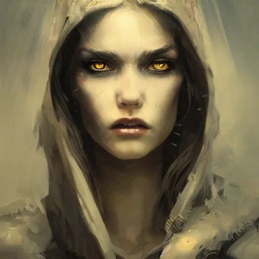 Image similar to young beautiful woman, glowing eyes, high detail, dramatic light, digital art, dark, painted by seb mckinnon and greg rutkowski, trending on artstation