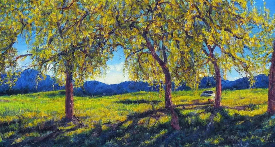 Prompt: an rv under a cottonwood tree, beautiful painting, oil on canvas, by ewa czarniecka, award winning masterpiece,