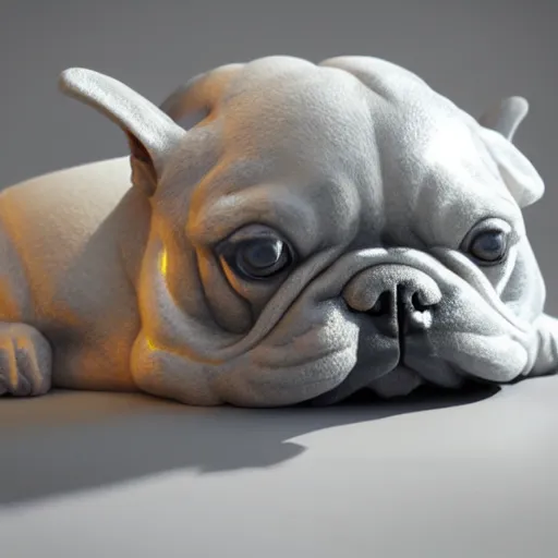 Image similar to quartz crystal carved into the shape of a french bulldog, photo realistic, dramatic cinematic lighting, octane render, 4 k, ultra detailed