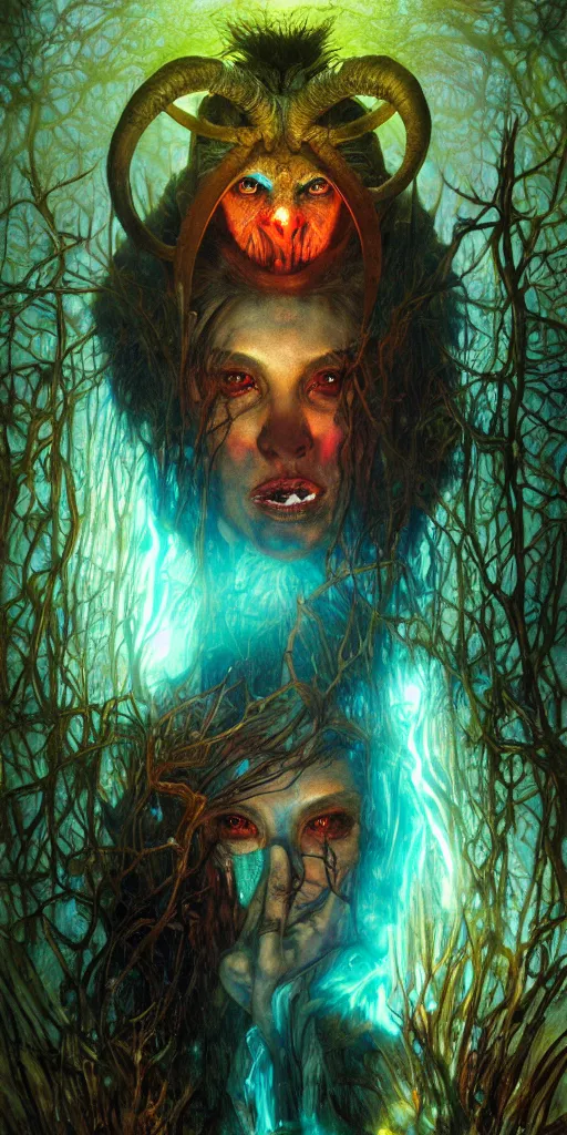 Image similar to intense snarling screaming glowing pagan god with ram horns and veins and intense glowing eyes in very dark forest by karol bak and beksinski and alphonse mucha, portrait, fantasy, clear, light beams, lens flare, intense, uhd, red and teal and shining polished gold, amazing depth, cinematic lighting