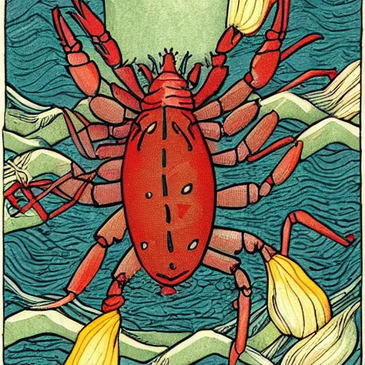 Prompt: Illustration of a lobster sitting on a rock, wearing a turban, with lots of smaller lady lobsters surrounding him, art nouveau