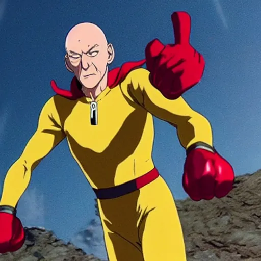 Image similar to film still, full body action shot of ian mckellen playing saitama dressed in the one punch man costume