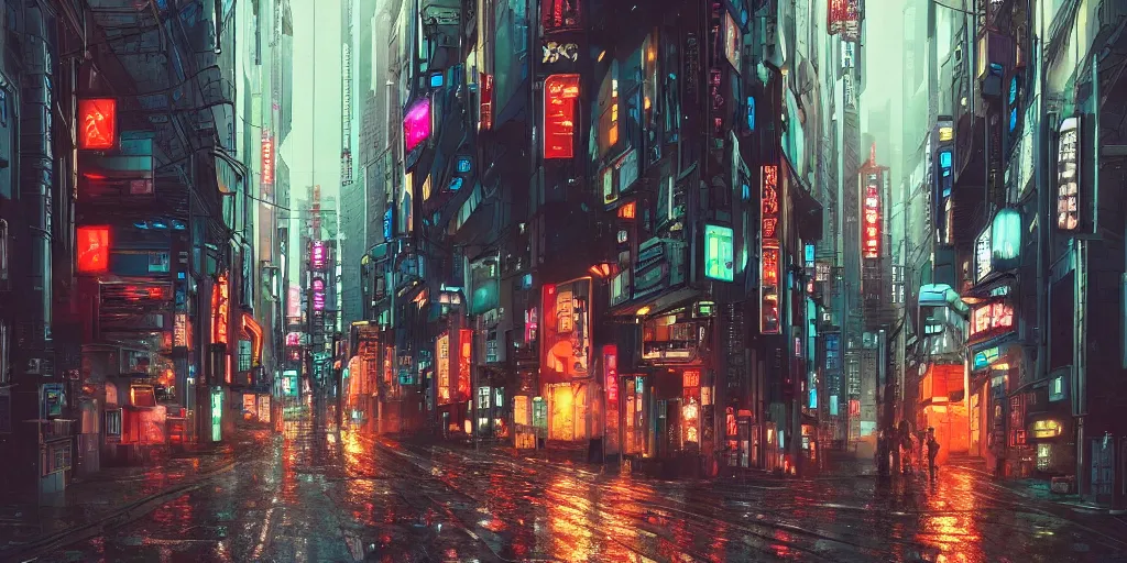 Prompt: Cyberpunk street on a rainy day in Japan, evening, low angle view, detailed matte painting, cinematic, Moebius, Artstation