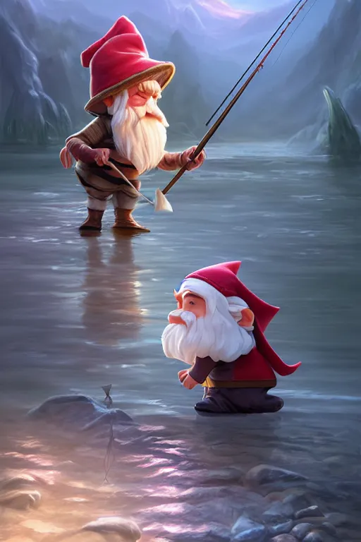 Image similar to legendary elegant gnome fishing in lake, highly detailed, d & d, fantasy, highly detailed, digital painting, trending on artstation, concept art, sharp focus, illustration, global illumination, ray tracing, realistic shaded, art by artgerm and greg rutkowski and fuji choko and viktoria gavrilenko and hoang lap