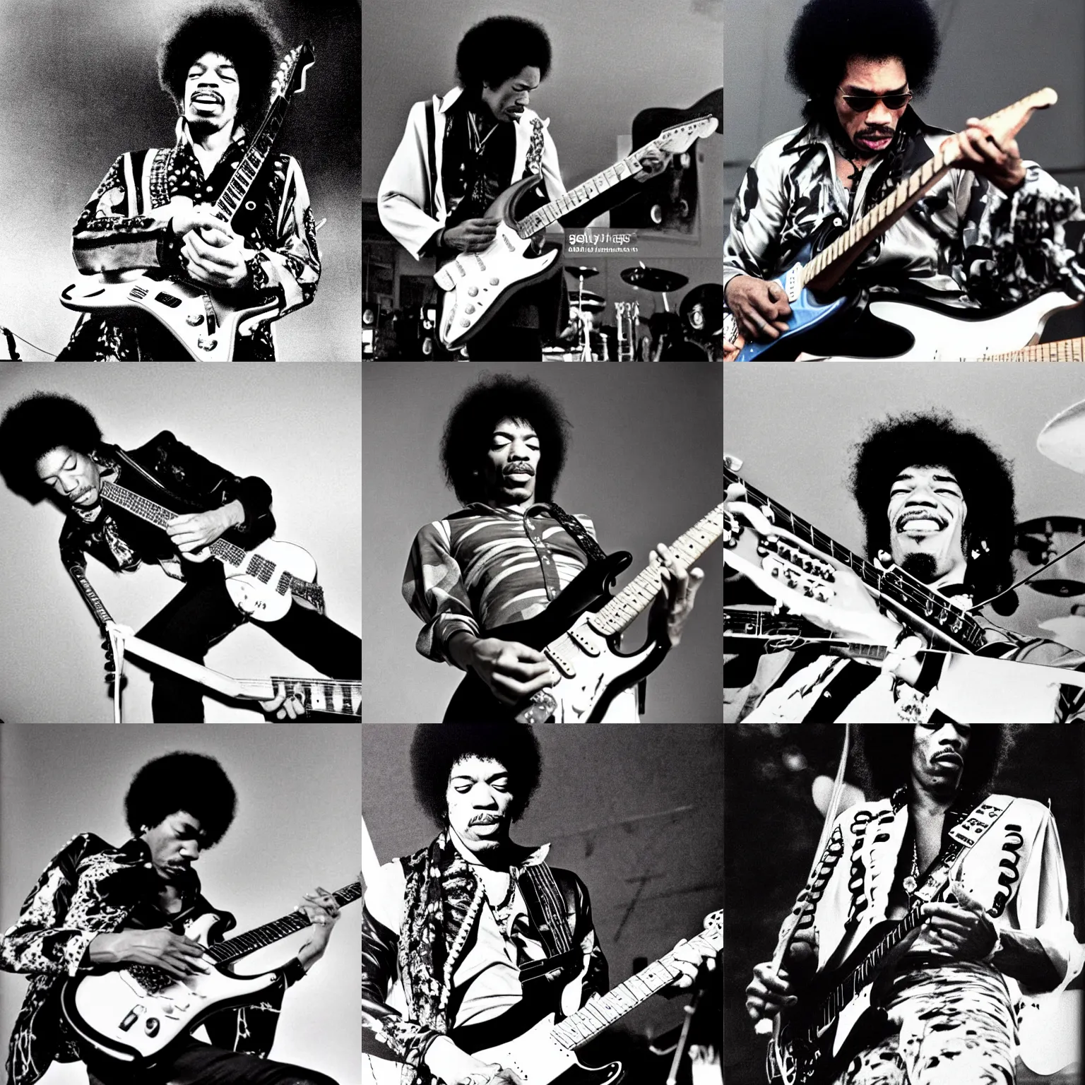 Prompt: jimi hendrix playing a stratocaster upside down