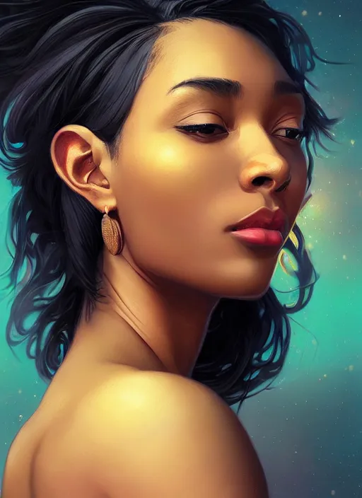 Image similar to handsome black young women with shoulder length black hair, half body shot, path traced, highly detailed, high quality, digital painting, alena aenami, lilia alvarado, shinji aramaki, karol bak, alphonse mucha, tom bagshaw