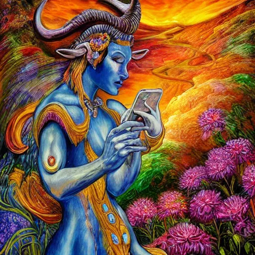 Image similar to painting by josephine wall, horned ram goddess checking her cell phone, erupting volcano and sunset in distance, flowers in foreground, zodiac, fantasy, acrylic on canvas, intricately detailed, highly detailed, high resolution, hdr, 8 k, trending on artstation