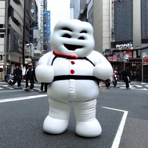 Prompt: sta puft marshmallow man in downtown tokyo,