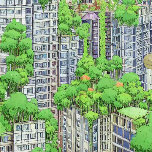 Image similar to a sprawling city landscape in an abandoned east asian country, highrise buildings, vines and weeds growing from the balconies, plants sprouting from the concrete, intricate, elegant, smooth, sharp focus, illustration, art by Studio Ghibli