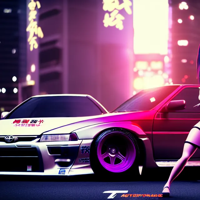 Image similar to toyota jzx 1 0 0 drift with cyberpunk girl standing, detailed - wheels, shibuya prefecture, cinematic lighting, photorealistic, night photography, octane render by tomino - sama