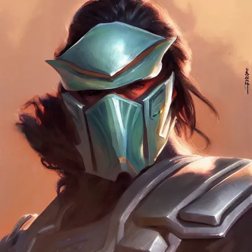 Image similar to greg manchess portrait painting of partially armored jade from mortal kombat wearing a half mask as overwatch character, medium shot, asymmetrical, profile picture, organic painting, sunny day, matte painting, bold shapes, hard edges, street art, trending on artstation, by huang guangjian and gil elvgren and sachin teng