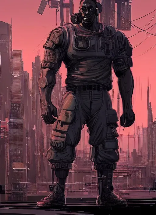 Image similar to Dumb Bubba. Buff cyberpunk meathead trying to intimidate a hacker. Large man looms over smaller figure. Realistic Proportions. Concept art by James Gurney and Laurie Greasley. Moody Industrial skyline. ArtstationHQ. Creative character design for cyberpunk 2077.